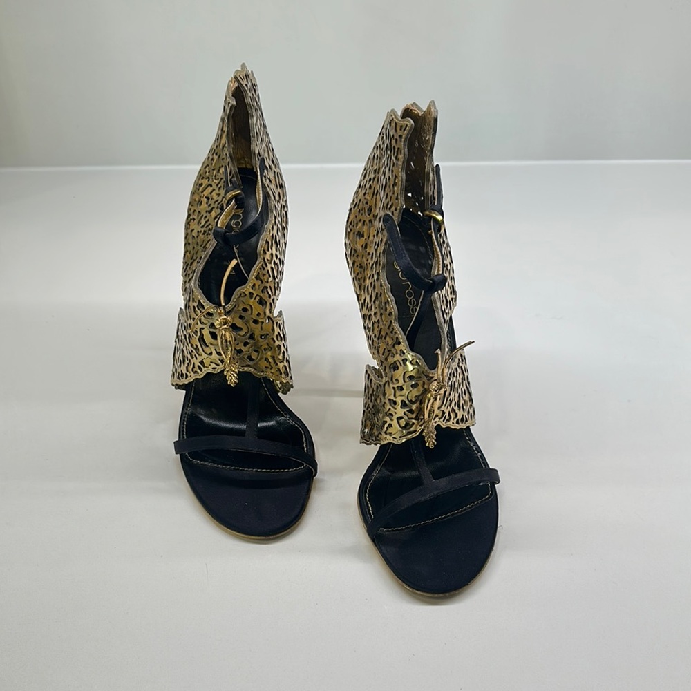 Sergio Rossi Chic Black and Gold Heeled Sandals